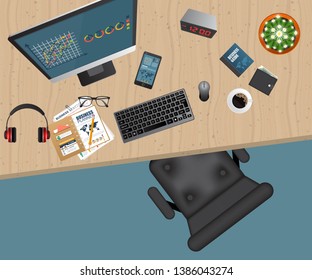 Business workspace top view. Office objects. Business planning and analyzing. Auditing concept.