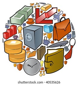 Business World concept: circle of icons for security, finance and office. Vector illustration.