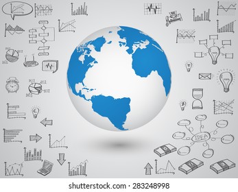 Business world map globe with creative doodle graph and chart, Vector Illustration EPS 10.