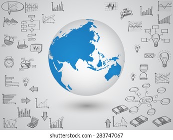 Business world map globe with creative doodle graph and chart, Vector Illustration EPS 10.