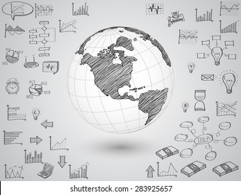 Business world map globe with creative doodle graph and chart, Vector Illustration EPS 10.