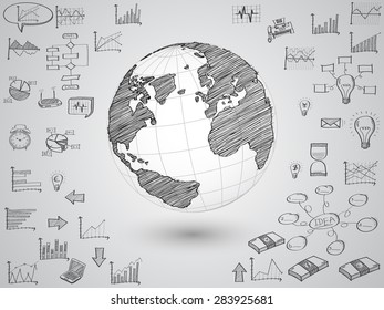 Business world map globe with creative doodle graph and chart, Vector Illustration EPS 10.