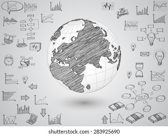 Business world map globe with creative doodle graph and chart, Vector Illustration EPS 10.