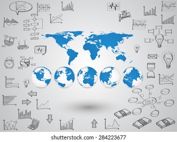 Business world map globe with creative doodle graph and chart, Vector Illustration EPS 10.