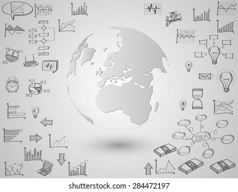 Business world map globe with creative doodle graph and chart, Vector Illustration EPS 10.