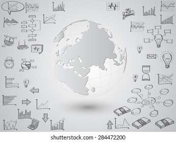 Business world map globe with creative doodle graph and chart, Vector Illustration EPS 10.