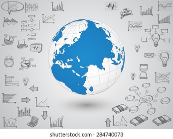 Business world map globe with creative doodle graph and chart, Vector Illustration EPS 10.