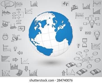 Business world map globe with creative doodle graph and chart, Vector Illustration EPS 10.