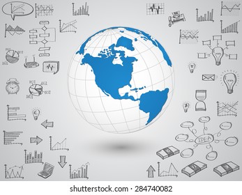 Business world map globe with creative doodle graph and chart, Vector Illustration EPS 10.