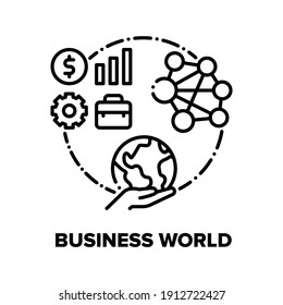 Business World Vector Icon Concept. Internet Global Business And Communication With Partners, International Company, Partnership And Commerce. Worldwide Digital Network Black Illustration