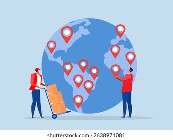 business worldwide concept, businessman CEO put new branch pin on world map across globe.Global business expansion rowing business worldwide concept.