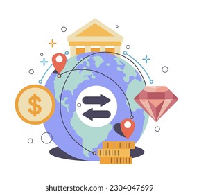 Conexión comercial y mundial, planeta aislado con punteros de loción, diamantes y bancos. Intercambio de bienes y servicios entre diferentes países, comercio y venta. Vector de estilo plano