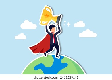 Business worldwide winner, achievement, victory or international success, win global competition, globalization business concept, businessman superhero with award prize trophy winner on planet earth.