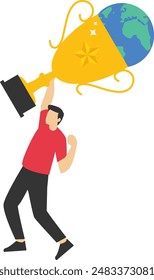 Business worldwide winner, achievement, victory or international success, win global competition, globalization business concept, businessman superhero with award prize trophy winner on planet earth.
