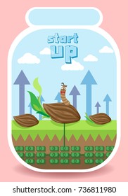 Business worm and seed in Glass bottle on money in the earth and Cloud background , Business start up concept.vector illustration.