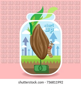Business worm and seed in Glass bottle on money in the earth and Cloud background , Business start up concept.vector illustration.