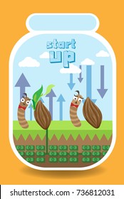 Business worm and seed in Glass bottle on money in the earth and Cloud background , Business start up concept.vector illustration.