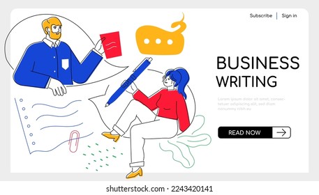 Business writing - modern colorful flat design style web banner with line elements, copy space for text. A man and a woman communicate in business correspondence, relationships at work and texting