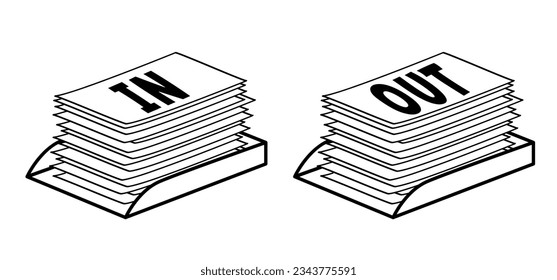 Business, writing paper and in, out, letter tray. Trays for papers. Cartoon empty copy paper, stacked papers. Flat paper stack. Document, paperwork. Pile papers, file. Printouts, hardcopy documents.