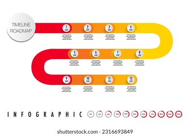 Business year plan infographic template. Diagram with 12 steps or months options, steps, parts or processes with calendar, percentage and presentation