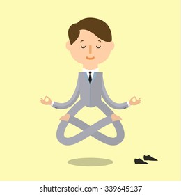 Business yoga. Cartoon business man is doing yoga and meditation. Concept of peace in mind. Flat design