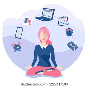 Business yoga concept. Office zen relax concentration at workspace table yoga practice vector illustration. Business concentration yoga, meditation zen pose. Business woman sitting and meditating.