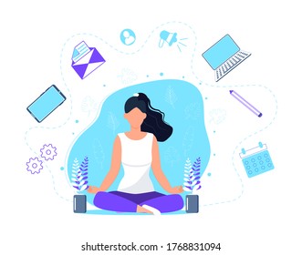 Business yoga concept vector. Office meditation, self-improvement, controlling mind and emotions, zen relax concentration yoga practice. Woman is sitting in a lotus position.