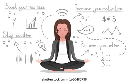 Business yoga concept, woman meditates, make plans and generates ideas on white isolated background. Office concentration yoga, meditation zen pose, hand drawn line icons, cartoon vector illustration.