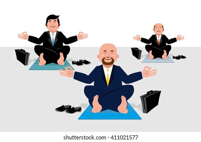Business yoga for corporate office workers. Businessmen sitting in lotus position and meditate on wealth. Enlightening managers. business community yogi