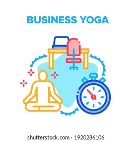 Business Yoga Vector Icon Concept. Business Yoga Relaxation Exercise At Workplace, Employee Meditating And Relaxing In Office. Relax And Meditation Time At Workspace Color Illustration