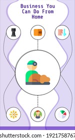 business you can do from home editable infographic template with icons of wallet, veterinarian, pie chart, rook, user, sort down, network