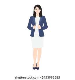 Business young asian executive woman with curly hair style in jacket skirt power suit. Flat Vector Illustration isolated on White Background