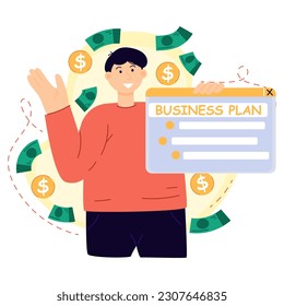 Business. Young businessman. Concept design. Icon. A man is engaged in a business idea. Plan. Money.