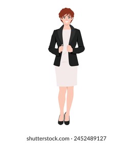Business young executive woman with curly hair style in jacket skirt power suit. Flat Vector Illustration isolated on White Background