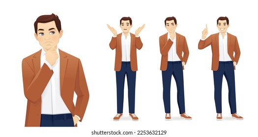 Business young man in casual clothing frustrated, thinking looking away and making idea pointing up isolated on white background vector illustration