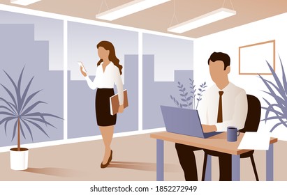 Business young man and woman are working in the office. They use a laptop, phones, discuss documents. Outside the window is the city. Vector illustration concept.
