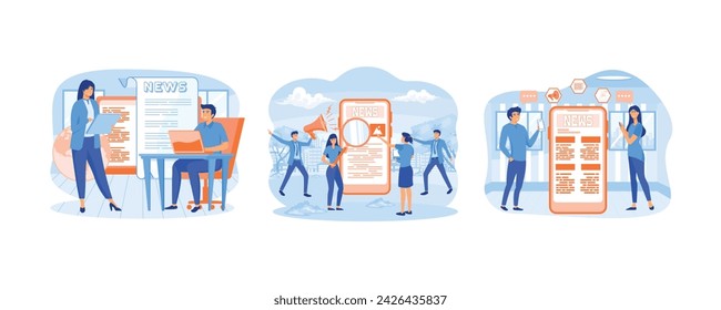  Business young men and women, reading latest or hot news online on smart phone or laptop. Online news mobile app. Online reading news. set flat vector modern illustration 