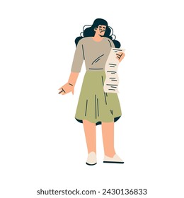 Business with Young Woman Character Standing with Paper Invoice Vector Illustration