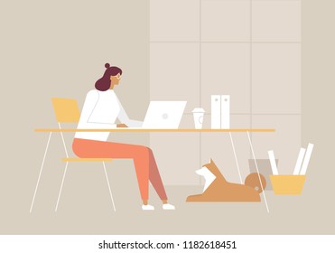 A Business Young Woman Working In A Office With Dog. Vector Illustration, Trendy Style, Flat Design 