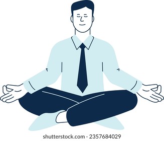 Business zen concept. Calm person. Man sitting in lotus pose