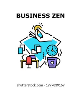 Concepto de icono del vector de Zen empresarial. Decoración De Empresarios Zen Lugar De Trabajo Y Bebida Caliente Calmando, Tiempo De Meditación Principal Y Colega Y Relajación. Ilustración del color de la emoción de la calma