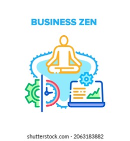 Concepto de icono del vector de Zen empresarial. Empresario Relajándose Meditando En El Despacho, Ceo Pacífico En Traje Practicando Yoga En El Trabajo, Zen De Negocios Y Meditación. Ilustración de color de relajación