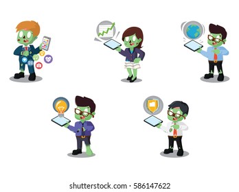 business zombie with phone cartoon set