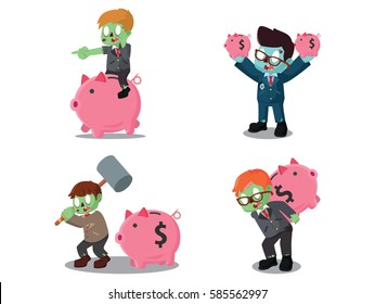 business zombie with piggy bank cartoon set