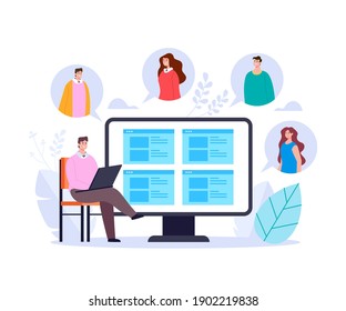 Businessan office worker talking to collegue by internet online web app. Bsiness video conference stay home adstract graphic design illustration