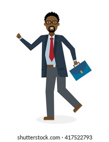 Businessan running on white background. Isolated cartoon character. African american businessman with suit case. Successful achievement. Active work. Fast lifestyle.