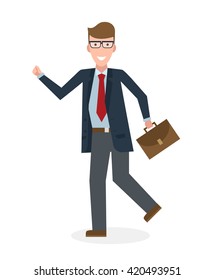 Businessan running on white background. Isolated cartoon character. Caucasian businessman with suit case. Successful achievement. Active work. Fast lifestyle.