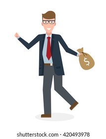 Businessan running on white background. Isolated cartoon character. Caucasian businessman with money bag. Successful achievement. Active work. Fast lifestyle.