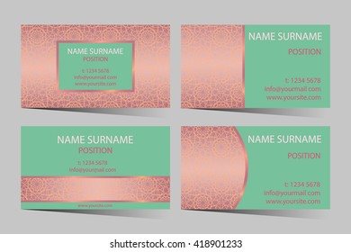 Business-card set. Elegant lace design. Beautiful vector colorful circle french pattern ornament for business card - banner template. Mint and peach color design.