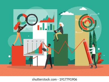 Businesscharts, concept flat vector illustration. Team work on finance and business strategy. Financial charts and data analytics dashboard. People in office